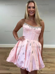 Sparkly Satin A Line Short Corset Homecoming Dress with Rhinestones