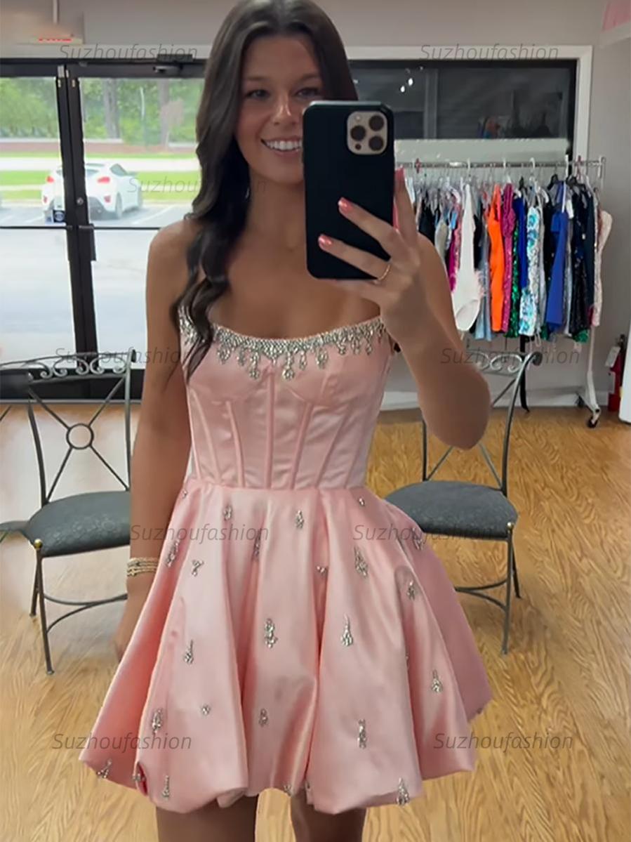 Sparkly Satin A Line Short Corset Homecoming Dress with Rhinestones