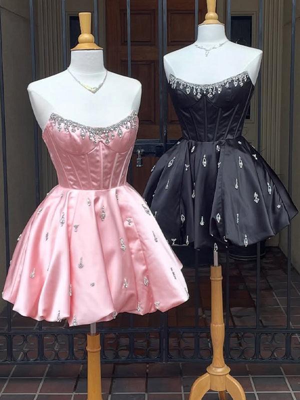 Sparkly Satin A Line Short Corset Homecoming Dress with Rhinestones