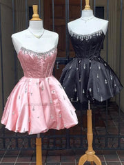Sparkly Satin A Line Short Corset Homecoming Dress with Rhinestones