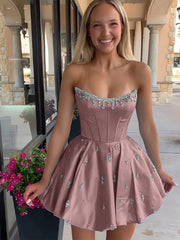 Sparkly Satin A Line Short Corset Homecoming Dress with Rhinestones