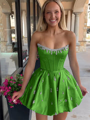 Sparkly Satin A Line Short Corset Homecoming Dress with Rhinestones