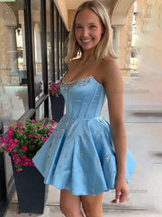 Sparkly Satin A Line Short Corset Homecoming Dress with Rhinestones