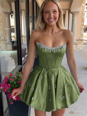 Sparkly Satin A Line Short Corset Homecoming Dress with Rhinestones