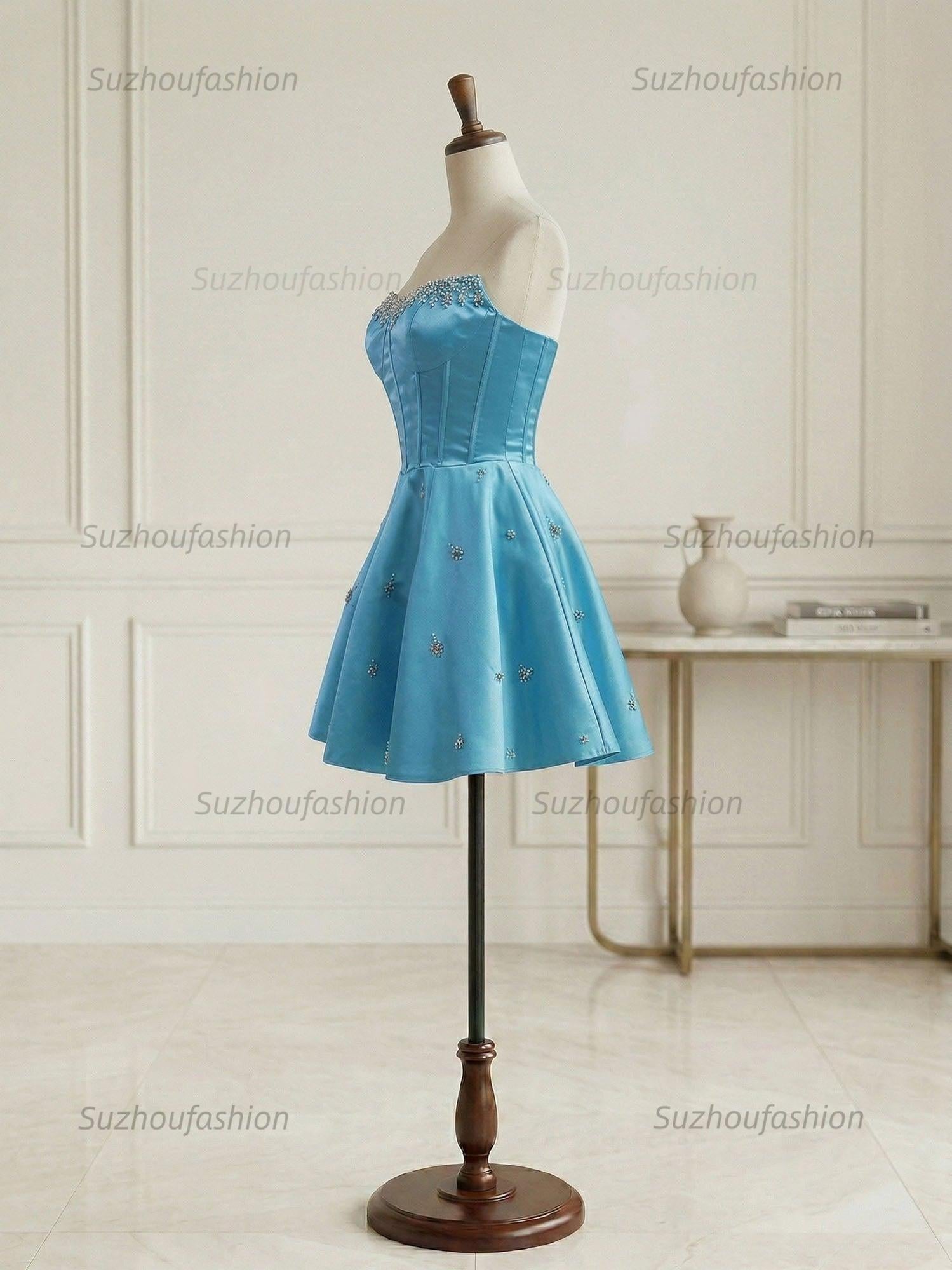 Sparkly Satin A Line Short Corset Homecoming Dress with Rhinestones