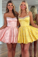 Sparkly Satin A Line Short Corset Homecoming Dress with Rhinestones