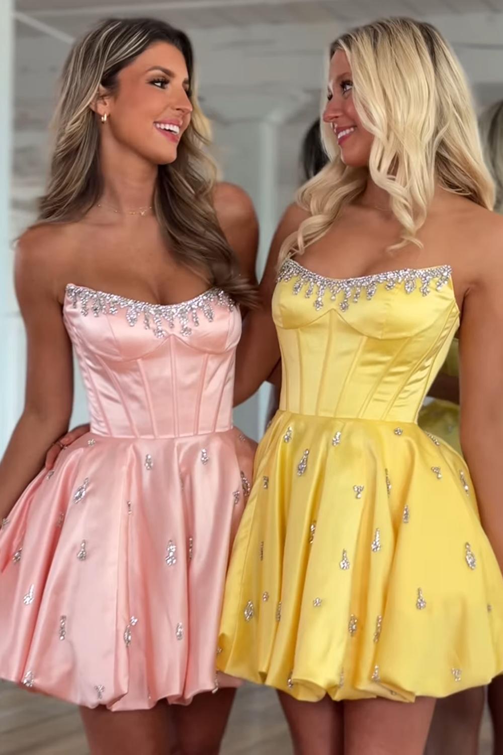 Sparkly Satin A Line Short Corset Homecoming Dress with Rhinestones