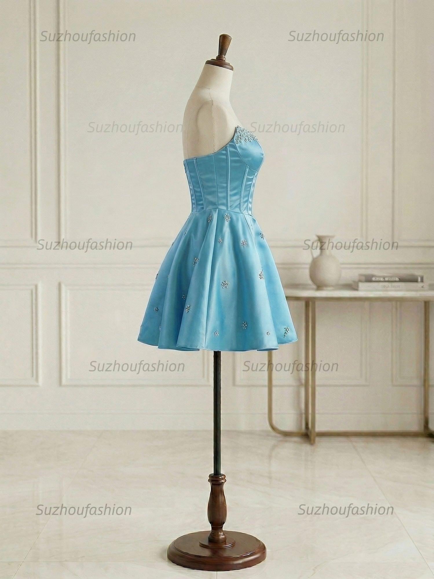 Sparkly Satin A Line Short Corset Homecoming Dress with Rhinestones