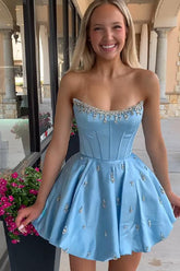 Suzhoufashion Sparkly Satin A Line Short Corset Homecoming Dress with Rhinestones