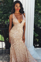 Sparkly Sequins Sleeveless Backless V-Neck Mermaid Prom Dresses