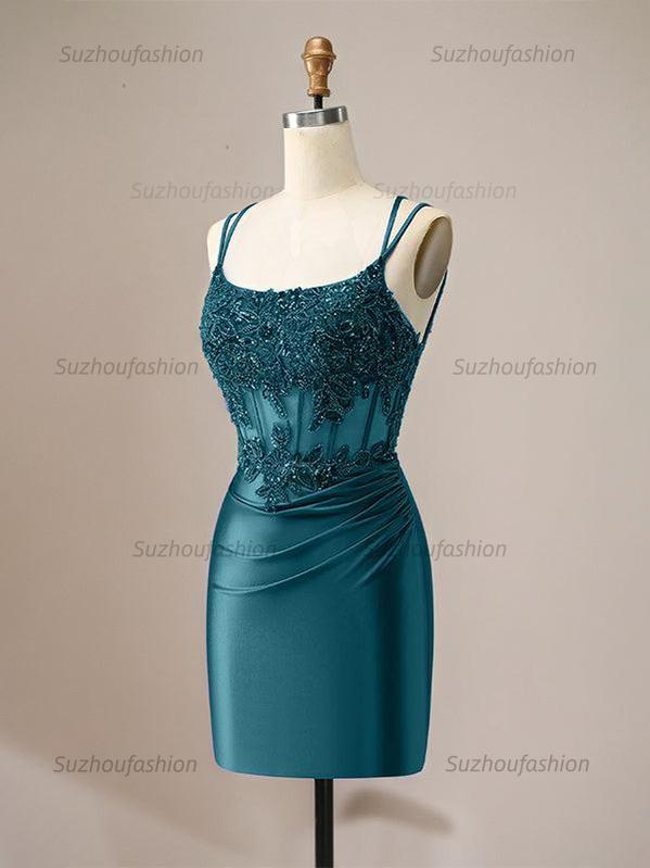 Sparkly Spaghetti Straps Sequins Pleated Corset Homecoming Dress