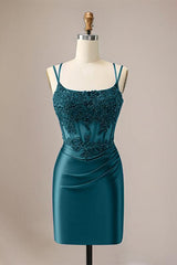 Sparkly Spaghetti Straps Sequins Pleated Corset Homecoming Dress