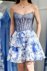 Suzhoufashion Sparkly Strapless Beadeds Floral Print Tiered Homecoming Dress