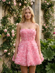 Square Neck 3D Rose Petal Corset Homecoming Dresses Mini Cocktail Dress