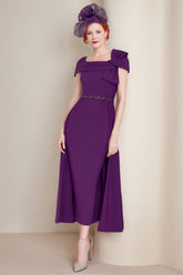 Square Neck Formal Mother of the Bride & Groom Sheath Column Dress with Bow and Belt