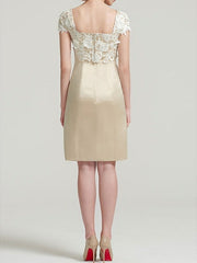 Square Neck Knee Length Satin Lace Sheath Dress with Short Sleeves and Pleated Appliques for the Mother of the Bride