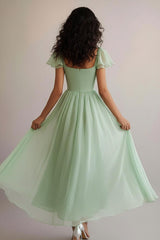 Square Neck Long A Line Light Green Wedding Guest Dress Formal Dress
