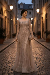 Square Neck Long Sleeves Long Mermaid Evening Formal Dress With Beading Tulle