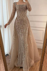 Square Neck Long Sleeves Long Mermaid Evening Formal Dress With Beading Tulle
