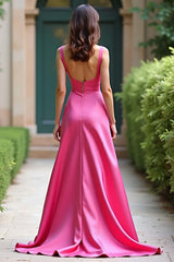Square Neck Satin A Line Fuchsia Wedding Guest Dress Long Prom Dress