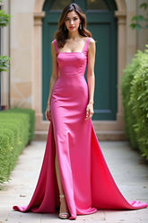 Square Neck Satin A Line Fuchsia Wedding Guest Dress Long Prom Dress