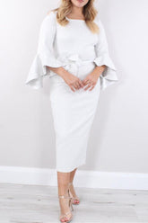 Square Neck Tea Length Sheath Column Mother of the Bride Dress with 3/4 Sleeves and Ruffles