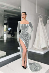 Square Neck Velvet Prom Dress Long Sleeve Evening Formal Dress With Split