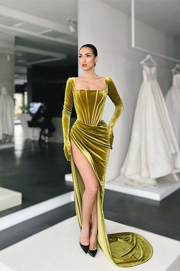 Square Neck Velvet Prom Dress Long Sleeve Evening Formal Dress With Split