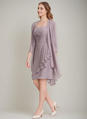Square Neckline 3/4 Sleeve Knee Length Sheath Column Mother of the Bride Dress with Jacket Ruffles Pleats and Beads