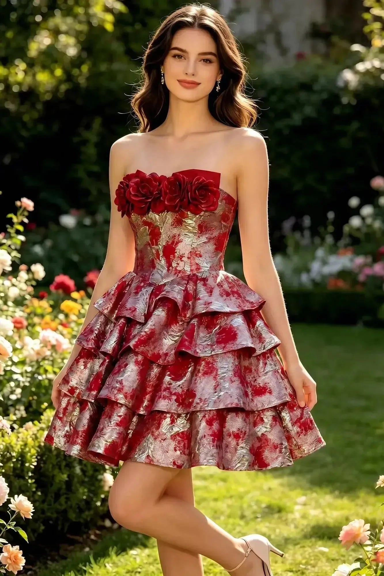 Strapless 3D Rose Brocade Tiered Mini Dress with Metallic Accents Homecoming Dresses