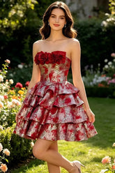 Suzhoufashion Strapless 3D Rose Brocade Tiered Mini Dress with Metallic Accents Homecoming Dresses