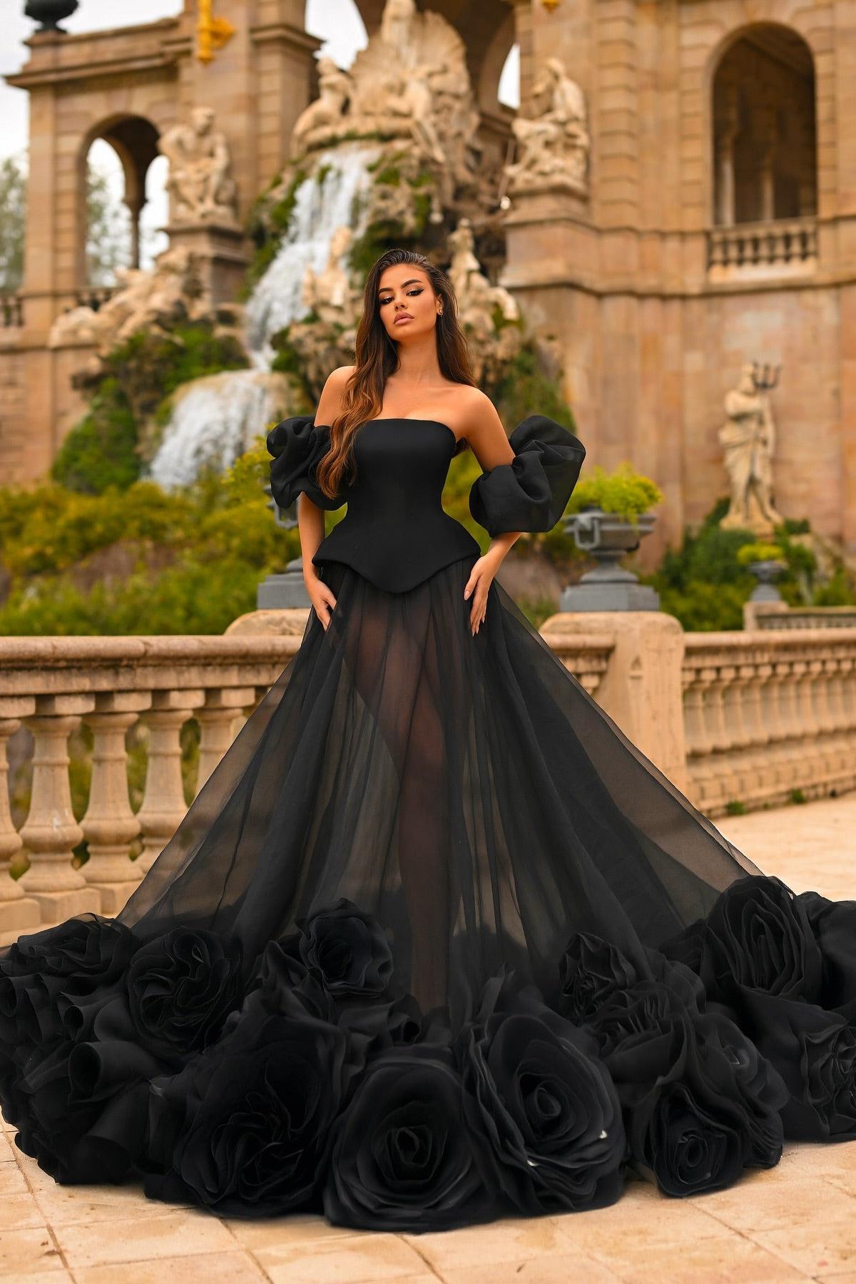 Suzhoufashion Women Strapless A Line Formal Dress Tulle Organza Prom Dress with 3D Flowers suzhoufashion Suzhoufashion Women Strapless A Line Formal Dress Tulle Organza Prom Dress with 3D Flowers suzhoufashion