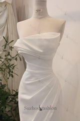 Strapless Beach Wedding Dress Sheath Satin Bridal Gown with Slit