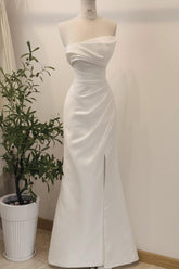 Strapless Beach Wedding Dress Sheath Satin Bridal Gown with Slit