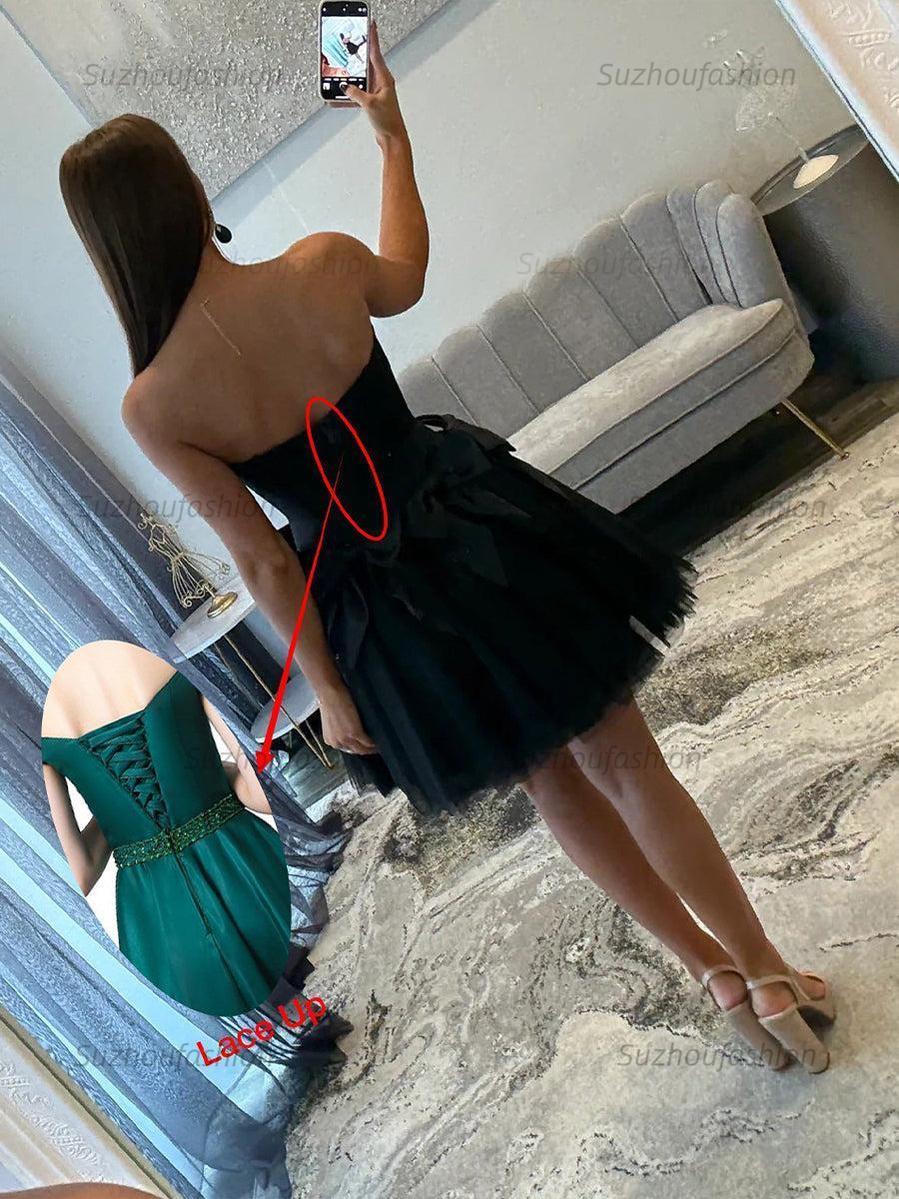Strapless Beading Short Homecoming Dress with Waist Bow