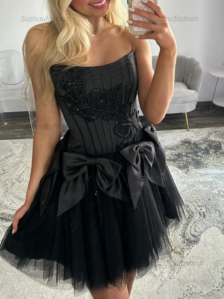 Strapless Beading Short Homecoming Dress with Waist Bow