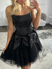 Strapless Beading Short Homecoming Dress with Waist Bow