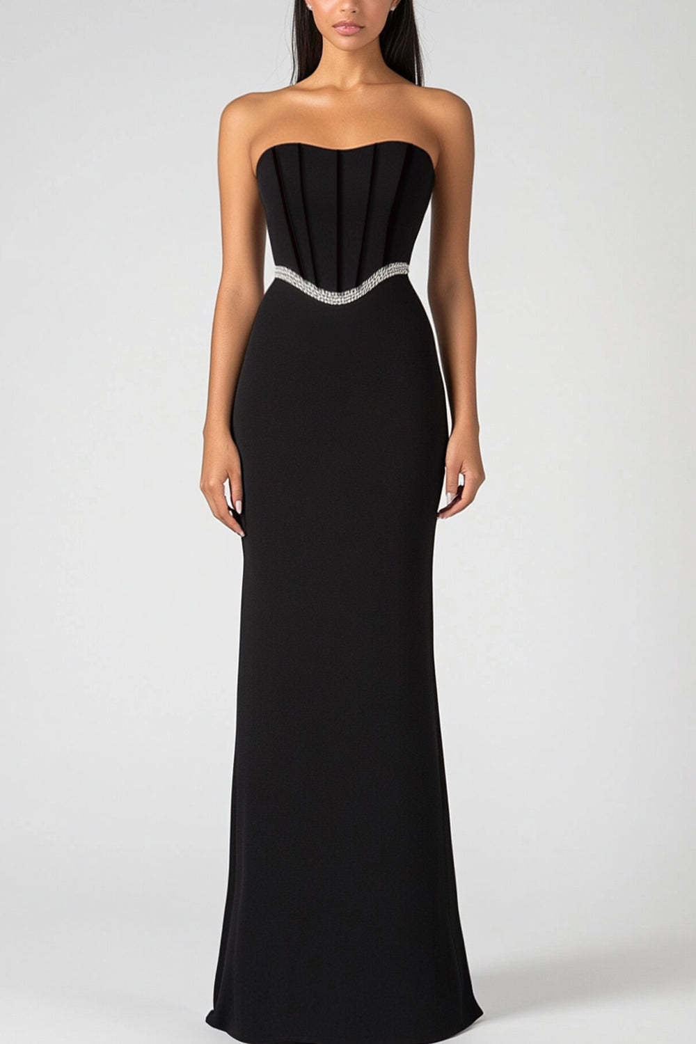 Suzhoufashion Strapless Black Wedding Guest Dress Corset Sheath Long Formal Dress Suzhoufashion Strapless Black Wedding Guest Dress Corset Sheath Long Formal Dress