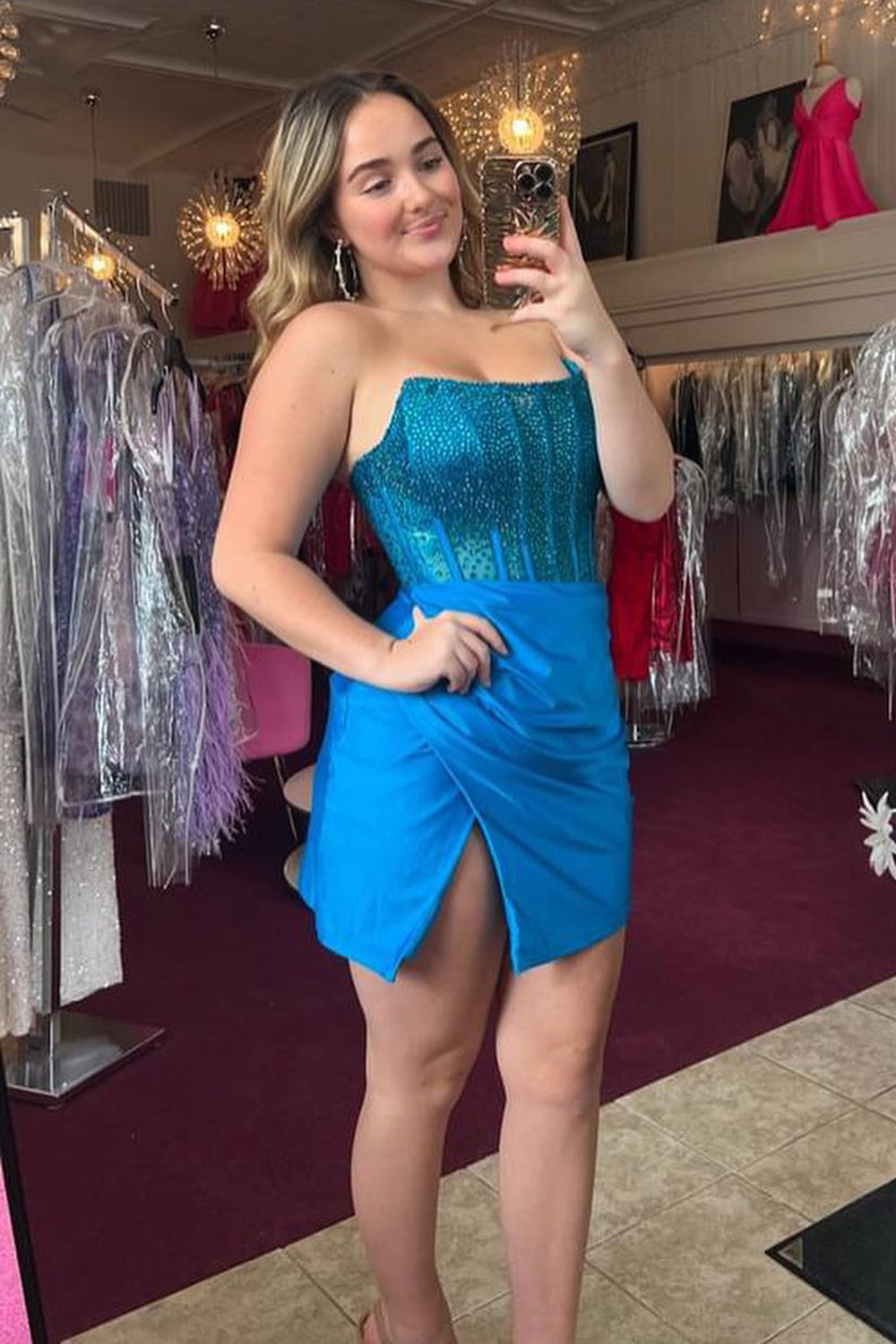Strapless Blue Homecoming Dresses Bodycon Corset Short Cocktail Dresses with Beading