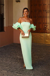 Strapless Bubble Sleeves Mermaid Long Evening Formal Dress With Pleated