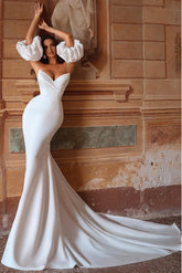 Strapless Bubble Sleeves Wedding Dress Mermaid Satin Solid Bridal Gown