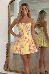 Suzhoufashion Strapless Floral Corset Homecoming Dresses Mini Cocktail Dress with Oversized Back Bow