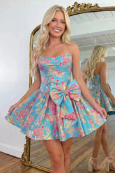 Suzhoufashion Strapless Floral Gold Jacquard A-Line Short Dress with Statement Bow Homecoming Dresses
