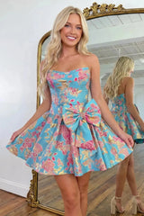 Strapless Floral Gold Jacquard A-Line Short Dress with Statement Bow Homecoming Dresses