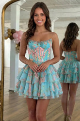 Suzhoufashion Strapless Floral Print Corset Mini Dress with Tiered Ruffles Homecoming Dresses