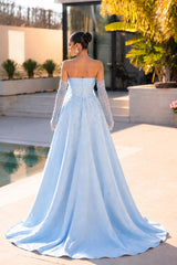 Strapless Formal Dress Light Blue Beaded A Line Prom Evening Dress
