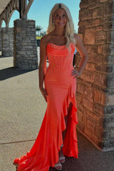 Strapless Fuchsia Prom Dress Corset Long Formal Dress With Slit
