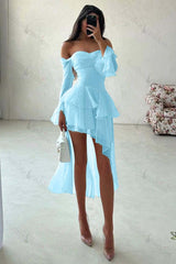Strapless Long Sleeves Off the Shoulder Short Evening Formal Dress With Ruffled