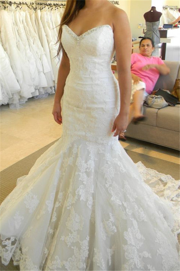 Strapless Mermaid Wedding Dresses with Bling Bling Beads Lace Sleeveless Wedding Gowns