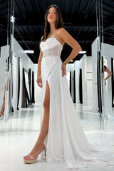 Strapless Metallic White Prom Dress Corset Side Cape Formal Dress With Slit